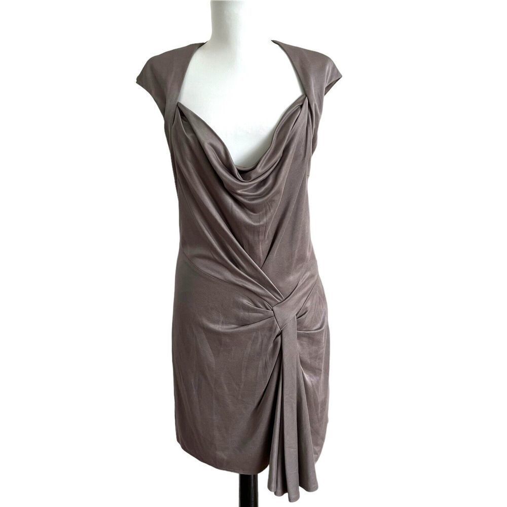 Karen Millen Taupe Brown Cap Sleeve Sheath Dress Size 8 EU 40 Faux Wrap - Picture 2 of 10
